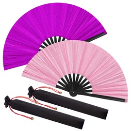 Maitys Large Clap Fans for Line Dancing Large Chinese Folding Hand Fans for Men and Women, Festival, Tai Ji, Kungfu, Martial Art, Gifts(Glitter Purple and Pink,2 Packs)