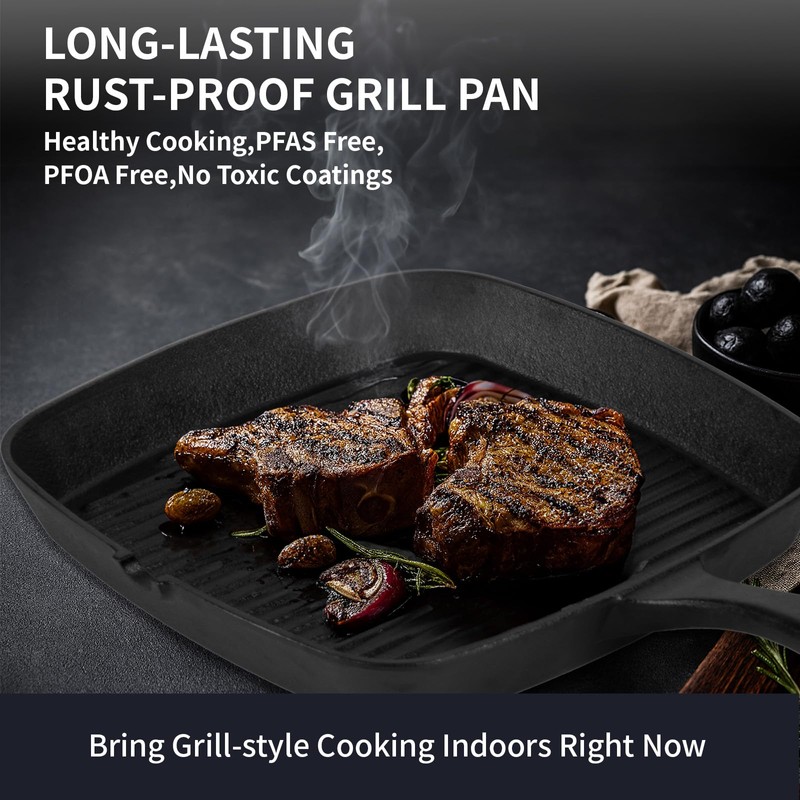 Tastedeli Cast Iron Grill Pan,9.25" Pre Seasoned Skillet with Pour