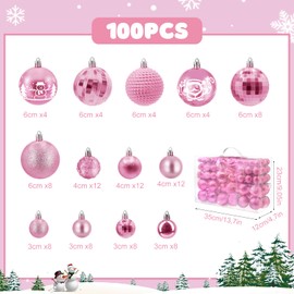 HOVIBU Christmas Baubles Set, 100 Christmas Baubles Plastic Pink, Shatterproof Christmas Tree Baubles with Lanyard, Matt, Shiny Christmas Decoration for Indoor and Outdoor Use, Reusable