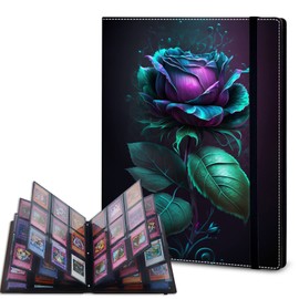 Trading Card Binder,9 Pocket Trading Card Binder Album Folder,900 Side Loading Pocket Card Collection Binder,for MTG,TCG,Sport Baseball Collector,Leather black Card Binder,Blue Rose Flower