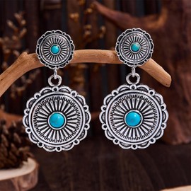 Dreuyet 2 Pairs Western Earrings for Women Vintage Rustic Couture's Cowgirl Oval Turquoise Dangle Earring Concho Dangling Earrings Country Concert Outfits Statement Jewelry (Ellipse Round)