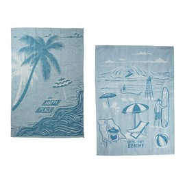 Country Primitive The Beach is My Happy Place Woven Cotton Jacquard Dishtowel Set of 2 Tea Towels