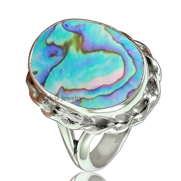 Genuine Abalone Shell Beautiful Gemstone Oval Ring, Pure 925 Sterling