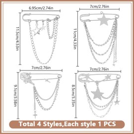 DELORIGIN 4 Styles Silver Star Chain Brooch Pins, Alloy Punk Chain Brooch Hanging Collar Tassel Chain Brooch Pins Hollow Star Safety Pin Brooch for Women Collar Sweater Shawl