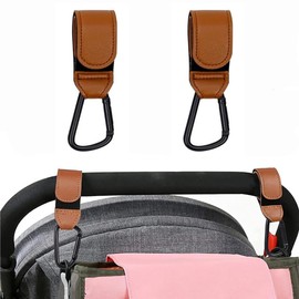 Custelen 2-Pack Universal Stroller Hooks | Adjustable Carabiner Clips for Bags - Carry Up to 11 lbs Per Hook | Baby Essentials & Stroller Accessories (Brown)