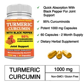 Turmeric Curcumin with Black Pepper, 95% Curcuminoids, High Strength, 1000 mg Per Capsule, Enhanced Absorption, Joint Support Supplement, 60 Count, 2 Month Supply
