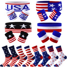Soulchen 20 Pcs American Flag USA Stars Headband Wristband and Socks Set Striped Headbands Wristband Socks Set for Men Women Basketball, Football, Running, Gym and Exercise