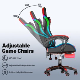 Gaming Chair with Speakers and Massage Computer Gaming Chair with LED RGB Lights and Footrest High Back Ergonomic Video Game Chair with Adjustable Lumbar Support for Adults Red and Black