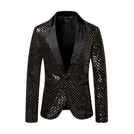 Lars Amadeus Sequin Blazer for Men's Peak Lapel Prom Party Shining Plaid Sports Coat Black Golden M