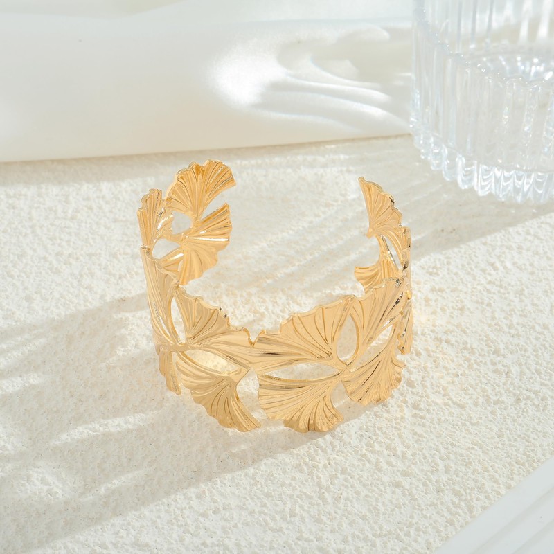 HUAYUNFANG Gold Chunky Cuff Bangle Bracelet For Women Ginkgo Leaf