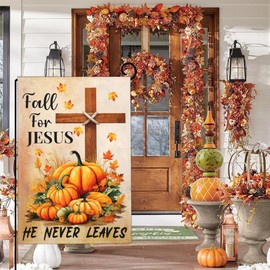 Shuitouk Fall for Jesus He Never Leaves Garden Flag Fall Pumpkin Garden Flags for Outside 12x18 Double Sided 3Ply Polyester Autumn Thanksgiving Garden Flag House Yard Sign Decorations