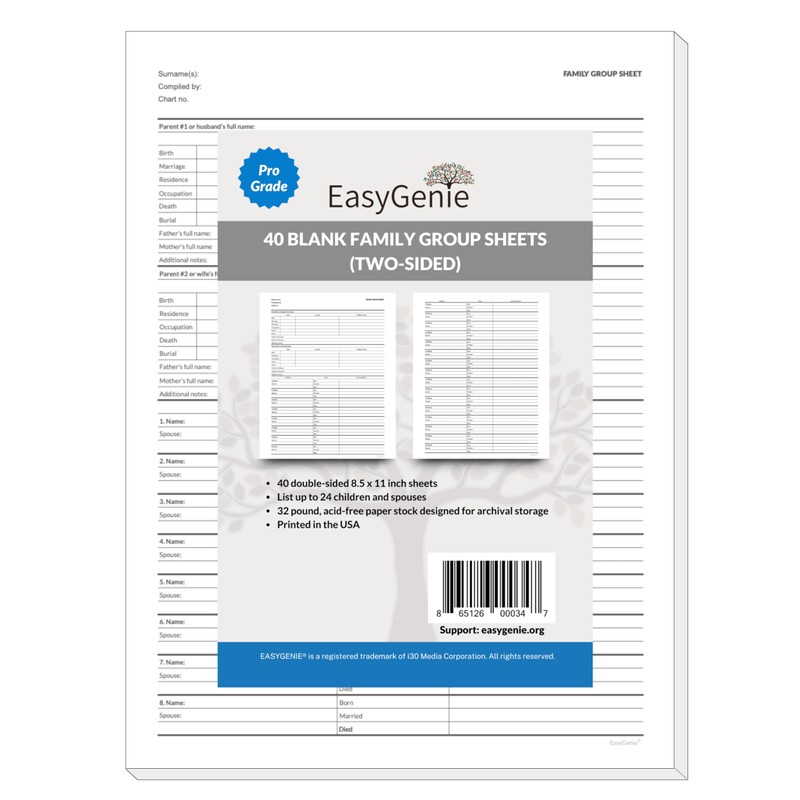 Blank Two-Sided Family Group Sheets for Genealogy (40) | Professional