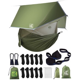 Miztli Camping Hammock with Net and Rain Fly, Portable Lightweight Outdoor Hammock Tree Travel Backpacking Hammock Tent with 20Ft(Total) Tree Straps, Perfect for Camping Hiking Yard Adventure Survival