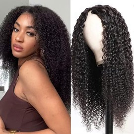 V Part Wig Human Hair Wig for Women Upgrade U Part Human Hair Wig 150% density No Leave Out No Sew in Beginner Friendly Glueless Kinky Curly V Part Wig Natural Black Color 18 inch