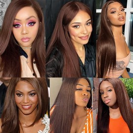 Aikebi Brazilian Human Hair Bundles 8 10 12 Inch Chocolate Brown 4 Color Straight Bundles Human Hair 100% Unprocessed 10A Hair Weave for Black Women Soft Sewn In with Double Weft
