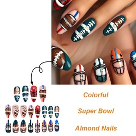 Football Press on Nails Medium Almond Fake Nails Acrylic Cute Football Helmet Designs French Tip Glue on Nails Reusable Full Cover Artificial Stick on Nails Holiday DIY for Women Girls 24Pcs