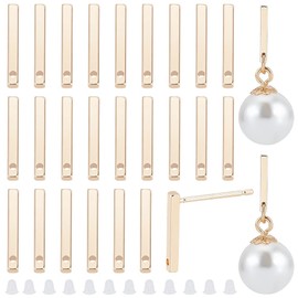 BENECREAT Pack of 30 Genuine 18 Carat Gold-Plated Brass Earrings Accessories with Holes, Rectangular Earrings with 80 Plastic Ear Plugs for DIY Design, Jewellery Making 12.5 x 1.5 x 1.5 mm