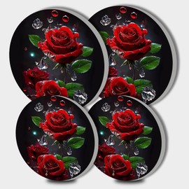 Rose Leaves Round Metal Hob Covers Set of 4 Red Flower Background Stove Cooker Hob Covers for Cookers Gas Stove Protector Cookware Accessories Modern Cooktop Decor