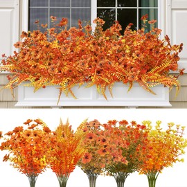 16 Pcs Fall Artificial Mums Flower Bouquet Set with 4 Realistic Varieties, Autumn Greenery Artificial Flower for Porch Window Box Farmhouse Thanksgiving Home, Faux Flowers Decor for Outdoor Indoor