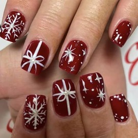 RIICFDD Christmas Press on Nails Short Fake Nails Square False Nails Snowflake Glue on Nails Bow Stick on Nails Full Cover Wine Red Glitter Acrylic Nails for Women Nail Art Decor 24 Pcs