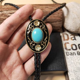 Himongoo Turquoise Agate Granite BOLO Tie for Men Women Leather Wedding Necklace Western Cowboy Necktie (Turquoise Golden Flower)