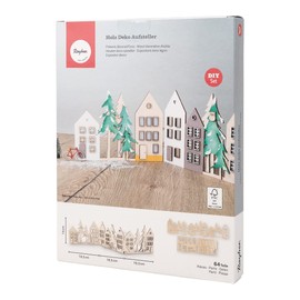 Rayher 64520505 Wooden Stand Houses 3 Pieces Each 19.5 cm, Total Width Approx. 58, Height 14 cm, Wooden Construction Kit 64 Pieces, FSC Mix Credit, Christmas Decoration, Wood Decoration, Natural, 3 x