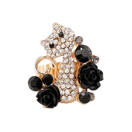 Dtja CZ Garden Cat Adjustable Open Wrap Ring for Women Gold Plated Rhinestone Kitten Animal Flower Statement Expandable Finger Rings Comfort Fit Fashion Cute Birthday Christmas Jewelry (Black Rose)