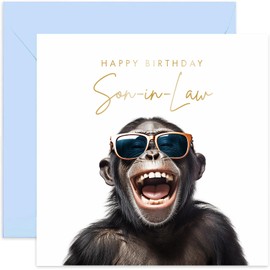 Old English Co. Funny Birthday Card for Son-in-law - Hilarious Male Birthday Card for Him - Monkey Chimp Sunglasses Birthday Card for Him from Parents-in-law - Special Card | Blank Inside Envelope