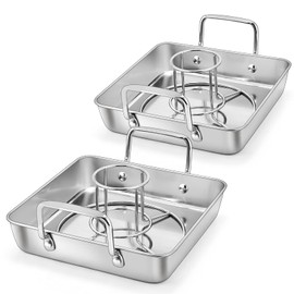 P&P CHEF Beer Can Chicken Holder with Roasting Pan Set, 9-inch Stainless Steel Square Baking Pan and Chicken Rack For Grilling, Heavy Duty & Dishwasher Safe, 4Pcs