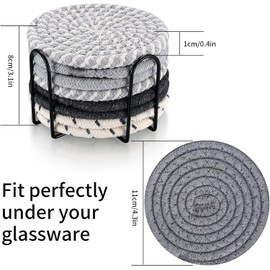 MKUCCD 8 Pcs Drink Coasters with Holder, Minimalist Cotton Woven 4 Colors Absorbent Coaster Set for Home Decor Tabletop Protection Suitable for Kinds of Cups, 4.3 Inches (Black)