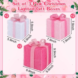 Set of 3 Pink Christmas Lighted Gift Boxes with Pink Bowknot Pre-lit Lights Gift Boxes Light Up Xmas Tree Skirt Ornament USB Powered Christmas Decoration for Indoor Outdoor Yard Holiday