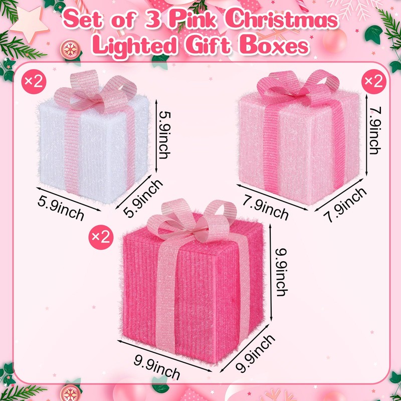 Set of 3 Pink Christmas Lighted Gift Boxes with Pink