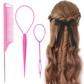 3pcs Topsy Tail Hair Tool, Pink Hair Looping Tool with Rat Tail Comb, Tail French Braid Loop Tool, Hair Braiding Tool for Making Hair Style(Pink)