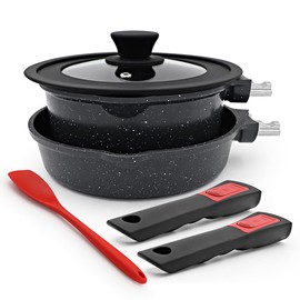 AIKENBBKK Nonstick Pot and Pan Set with Removeable Handle, Granite Coating 8 inch Frying Pan & 1.8 QT Saucepan with Lid, Oven& Dishwasher Safe (Black, 4pcs Sets)