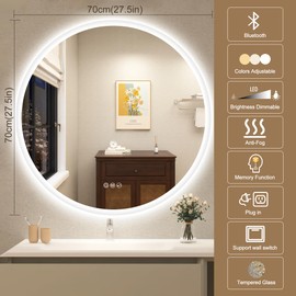 STARLEAD 28" LED-Bathroom-Mirror-with-Lights, Wall-Mounted with Bluetooth Speaker, Anti-Fog, 3 Color Temperature, Dimmable Brightness, Waterproof, Tempered Glass, Frontlit & Backlit, Round