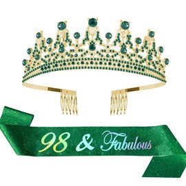 ALRBE TIN 98th Birthday Sash and Tiara Kit - Green Sash & Green Crystal Tiara - Perfect for 98th Birthday Parties & Gifts