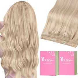 YoungSee Invisible Wire Human Hair Extensions Highlights Hair Extensions Real Human Hair Wire Blonde Highlights Bleach Blonde with Strawberry Highlights Long Lasting Human Hair Extensions 14In 80G