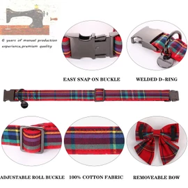 DOGWONG Christmas Dog Collar with Sailor Bow, Red Plaid Dog Collar Soft Durable Adjustable Cotton Red Tartan Gingham Puppy Collar for Small Medium Large Dog