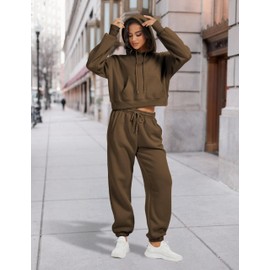 GTLIAE Sweatsuits for Women 2 Piece Set Crop Fleece Lining Hoodies Jogger Sweatpants Sweat Suits(Coffee-M)