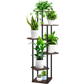 YOCOMEY 6 Tier Wood Tall Plant Stand Metal Rack Indoor, Multiple Flower Pot Holder Shelves Corner Rack, Planter Shelf Display Rack Storage Organizer for Patio Living Room Balcony Garden(Black Oak)
