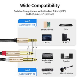 XANHAM 1/8 to Dual 1/4 Stereo Audio Cable 3.3 Feet /1M 3.5mm TRS Male Mini Jack to Dual TS 6.35mm Male Jack Mono Y Splitter Cord Adapter, Double Shielded with Braiding
