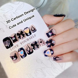24PCS Cute Pretty Press on Nails,Medium Kawaii 3D Cartoon False Nails,Black Coffin Fake Nails with 3D Bow Flash Diamond Design,Glossy and Full Cover Acrylic Nails for Women or Girls