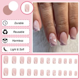 Ceboic Square False Nails Short, French Pink Shiny Heart Nails for Sticking, Ballerina Acrylic False Nails Press on Nails for Women and Girls Daily Use, 12 Sizes, 24 Pieces