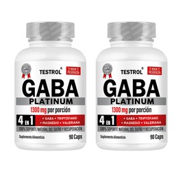 Gaba Platinum 4 EN 1 con 750mg Gaba, 300mg Triptófano, 149mg Magnesio, 100mg Valeriana y 10 mcg Vitamina B1. Soporte natural para un óptimo descanso. 90 cápsulas 2 unidades. Testrol.