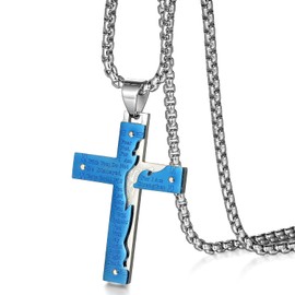 JewelryWe Men's Necklace, Stainless Steel English Bible Prayer Cross Pendant with 55 cm Chain, Silver/Gold/Black, Easter Gift, Stainless Steel, No Gemstone