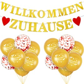 Welcome Home Decoration Welcome Home Banner Garland Set with 14 Pieces Balloons and Red Ribbon for Wedding Festival Family Housewarming Party Decoration Birthday (Gold, Red)