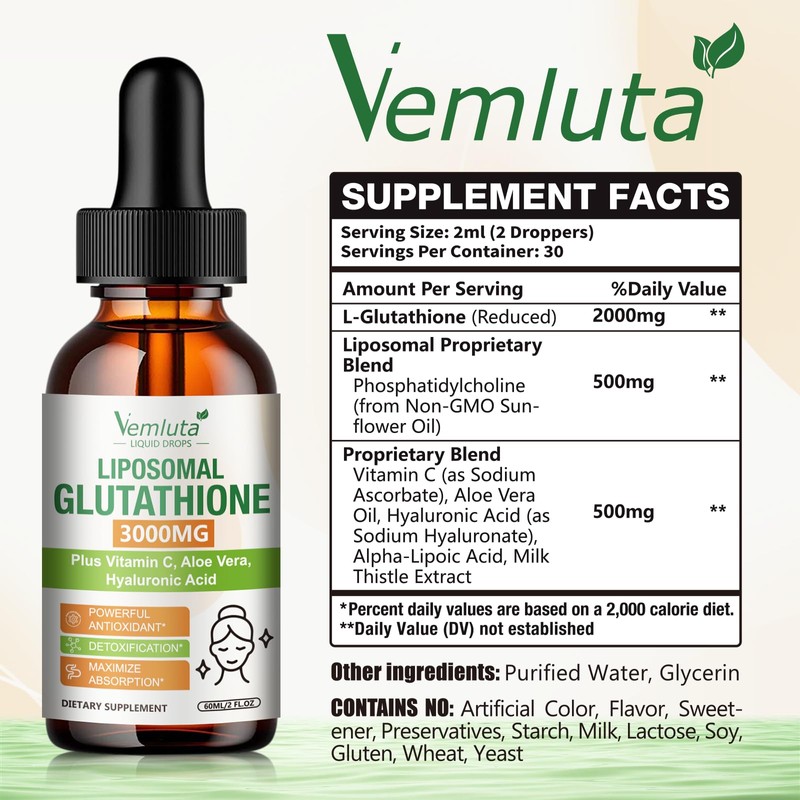 2 Pack 3000mg Liposomal Glutathione Liquid Drops, 98% Absorption Liposomal