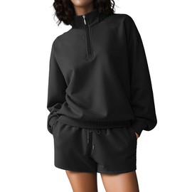 SHESHOW 2 Piece Sets for Women Casual Long Sleeve Sweatshirt Shorts Sets Sweatsuit Activewear Set Light Black XS