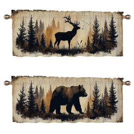 Vintage Lodge Rustic Kitchen Curtains 2 Set for Windows Farmhouse Retro Forest Deer Bear Decorative Small Window Curtains Valance for Cafe Living Room Bathroom Window Treatment Valances 54x18in