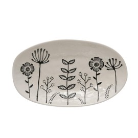 Creative Co-Op Embossed Stoneware 12-1/4" x 7" Oval Platter with Hand-Painted Flowers, Black and White